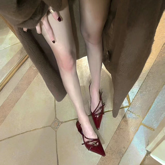 2024New Patent Leather One-Strap Cat Heel Closed-Toe Sandals Sexy Black Silk Pointed Toe Stiletto High Heels for Women