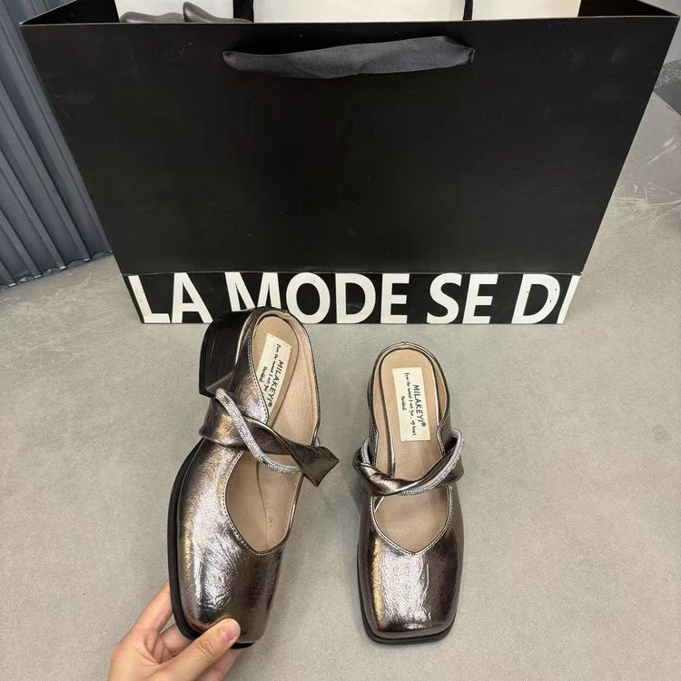 Middle Heel(3-5cm)Rubber Slippers PU Closed-Toe Square Heel