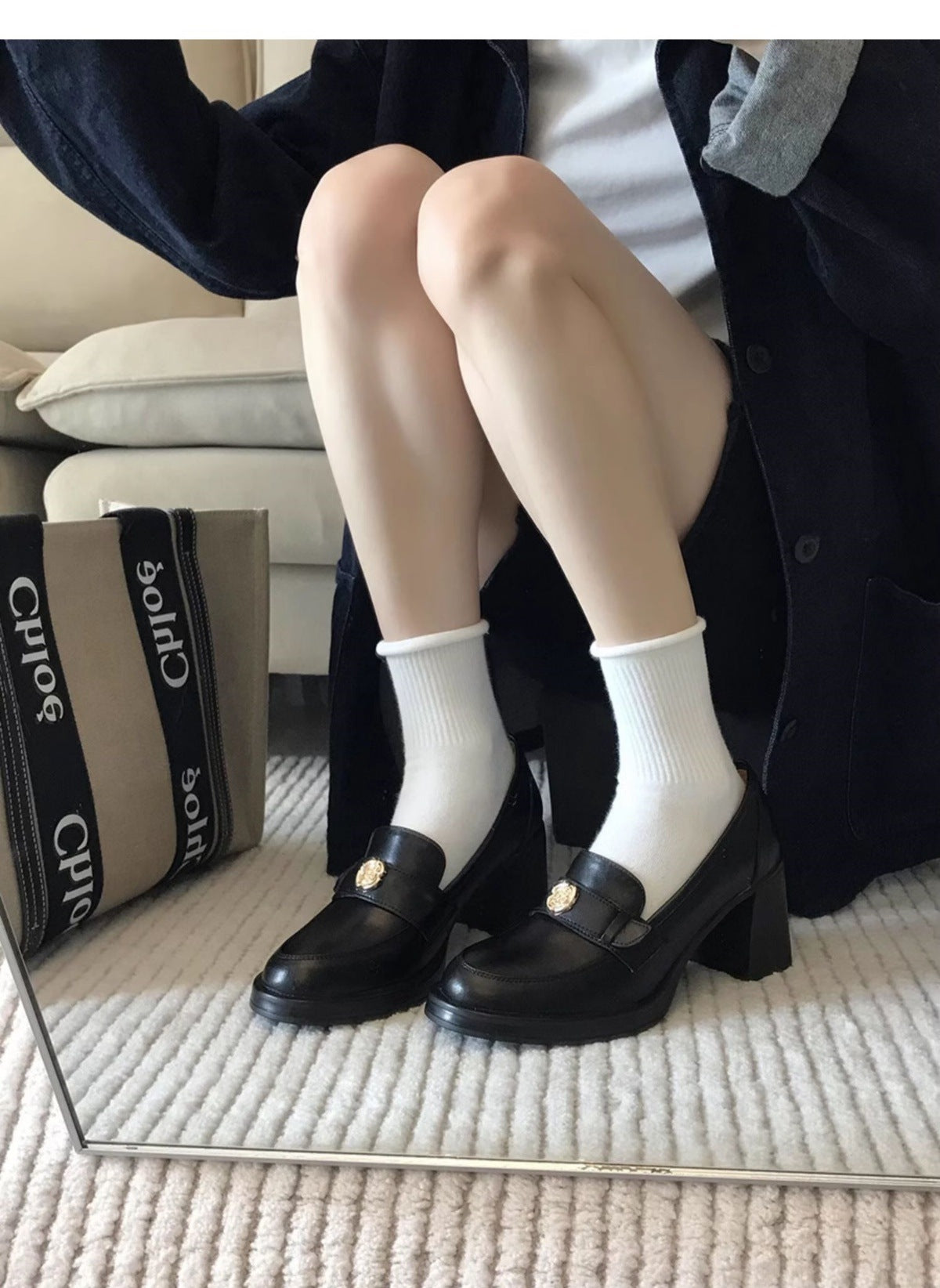 Camellia Loafers for Women2024New French Style Chunky Heel Black High Heel British Style Small Leather Shoes