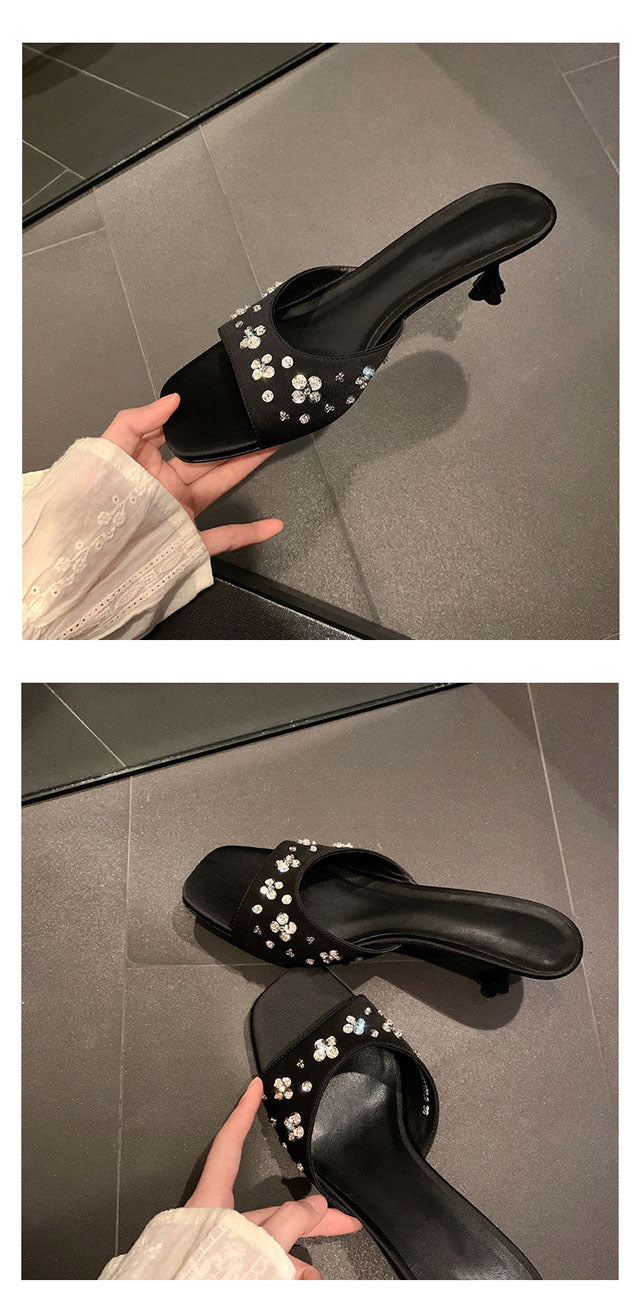 French Style Square Toe One Strap High Heels Petal Rhinestone Satin Kitten Heel Sandals for Women Summer Outdoor Wear