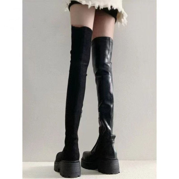 Over-the-Knee Long Boots for Women, French Style High Boots, Leg-Wrapping Elastic Slim Boots, Thick-Soled Leather Boots, Riding Boots