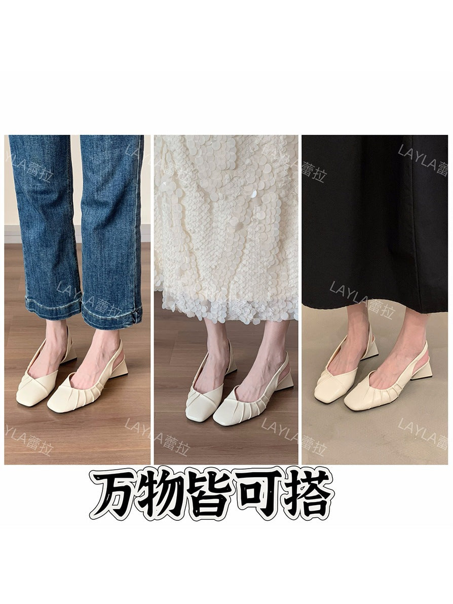 2024Spring Summer New High Heel Closed Toe Backless Sandals Women's Shoes Chunky Heel Shallow Mouth French Gentle Style Single Shoes Women's Shoes