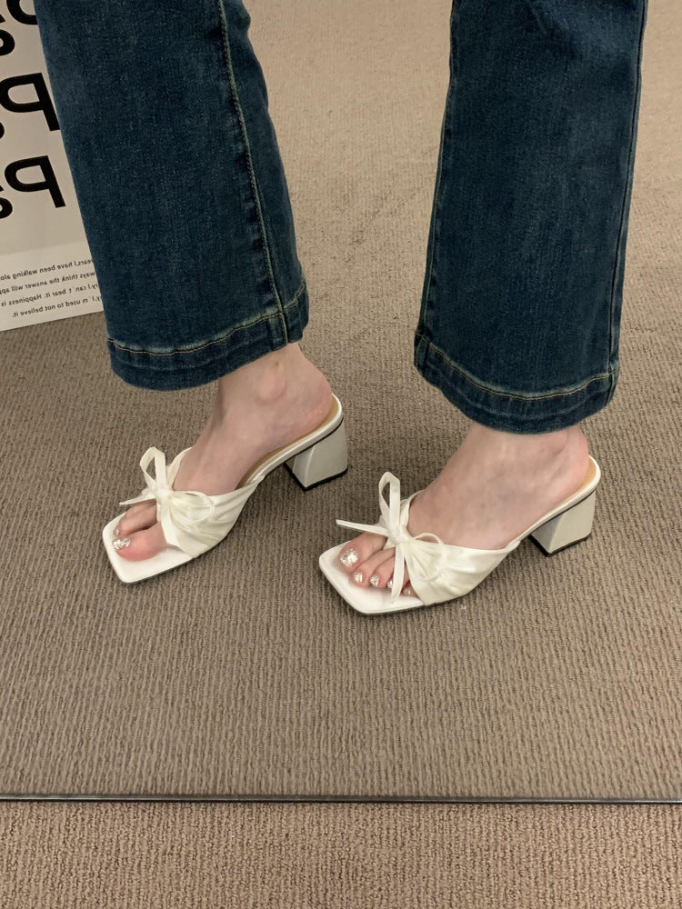 French-style High-end Satin Bow Thick Heel Sandals for Women2023New summer open-toe high heels