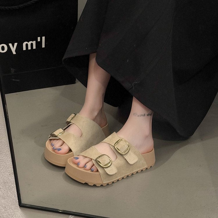 Solid Color Rubber Mid Heel(3-5cm)Platform Sole Suede Slippers