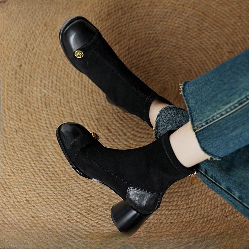 Patchwork Suede Camellia High Heel Chunky Heel Short Boots for Women Stretch Slim Boots Plus Size