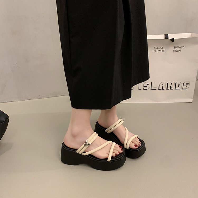 Solid Color Platform Sole Slippers PU Rubber mid-heel(3-5cm)