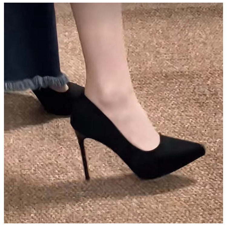 2024Autumn French Style Black Suede Pointed Toe Stiletto Thick Sole Waterproof Platform High Heels for Women, Unique Design, Suitable for Dresses, Single Shoes