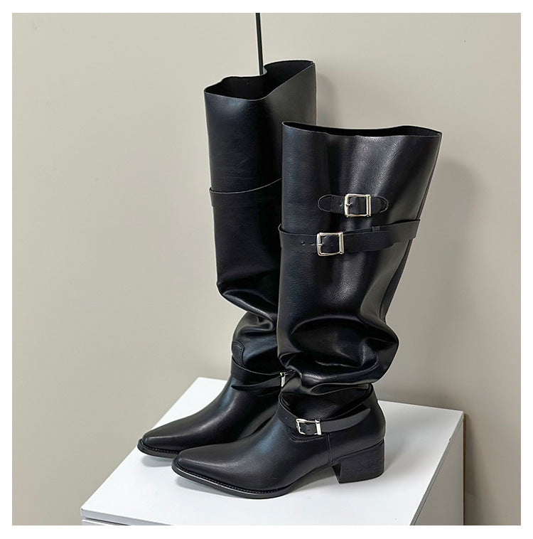 Korean Style Large Tube Pile Boots for Women with Chunky Heels, Over-the-Knee Boots2024Autumn Belt Buckle Western Boots Fashion Long Boots