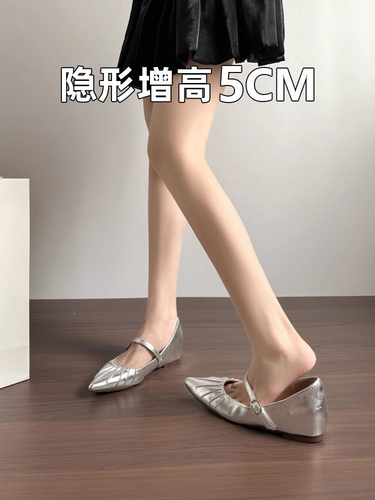 Height Increasing Insole Women's Shoes2024Summer New Retro One-Strap Mary Jane Pleated Pointed Toe Shoes