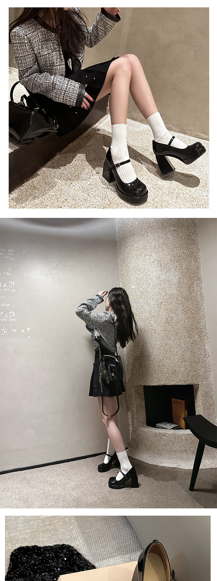 Black thick high heels2023New Style One-Strap Mary Jane Shoes Shallow Mouth Single Shoes for Women Round Toe