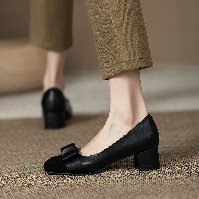 French style color-blocking high heels for women2024Spring and Autumn New Style Chunky Heel Bow Retro Mid-Heel Single Shoes