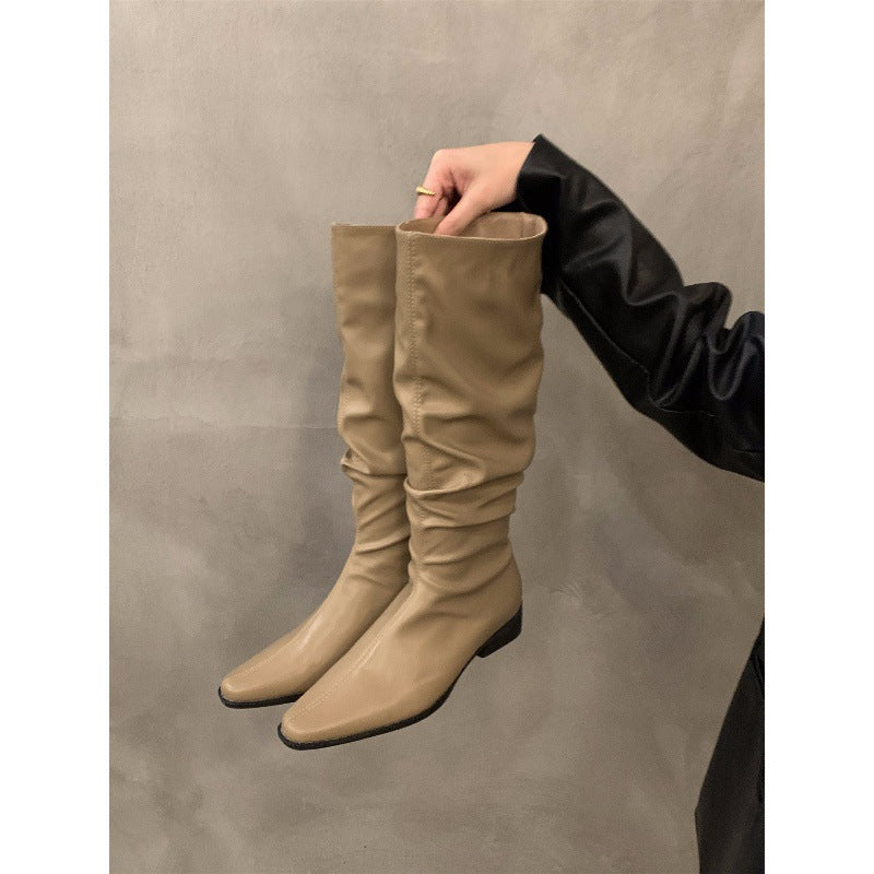 Chunky Heel Ruched Slouchy Long Tube Riding Boots for Women2024New Spring and Autumn Western Slim Mid-Calf Long Boots
