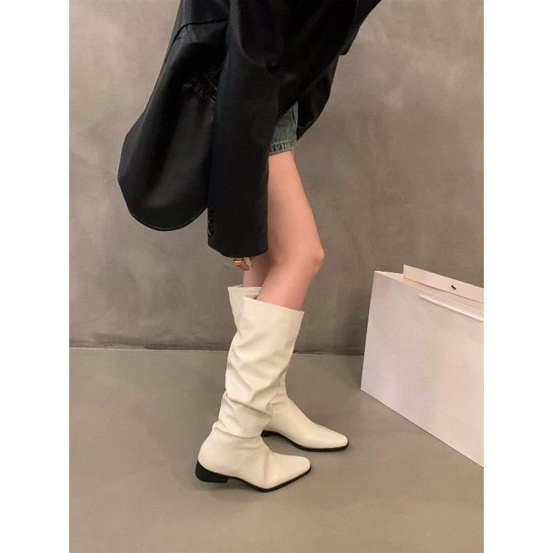 Chunky Heel Ruched Slouchy Long Tube Riding Boots for Women2024New Spring and Autumn Western Slim Mid-Calf Long Boots