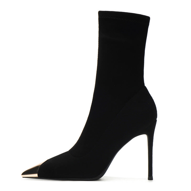 Black pointed toe stiletto high heel ankle boots for women2024New Autumn and Winter Elastic Slim Boots Mid-Calf Sock Boots Single Boots