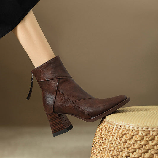 Women's Chunky Heel Ankle Boots2024New High Heel Winter Brown Slim Boots British Style Retro Martin Boots