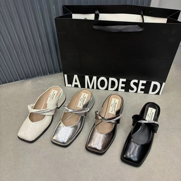 Middle Heel(3-5cm)Rubber Slippers PU Closed-Toe Square Heel