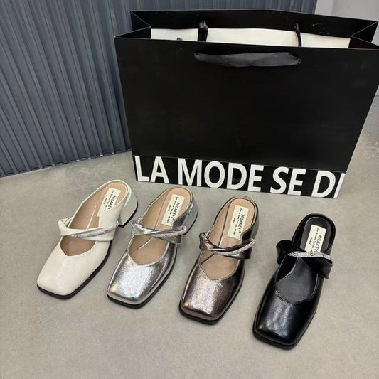 Middle Heel(3-5cm)Rubber Slippers PU Closed-Toe Square Heel