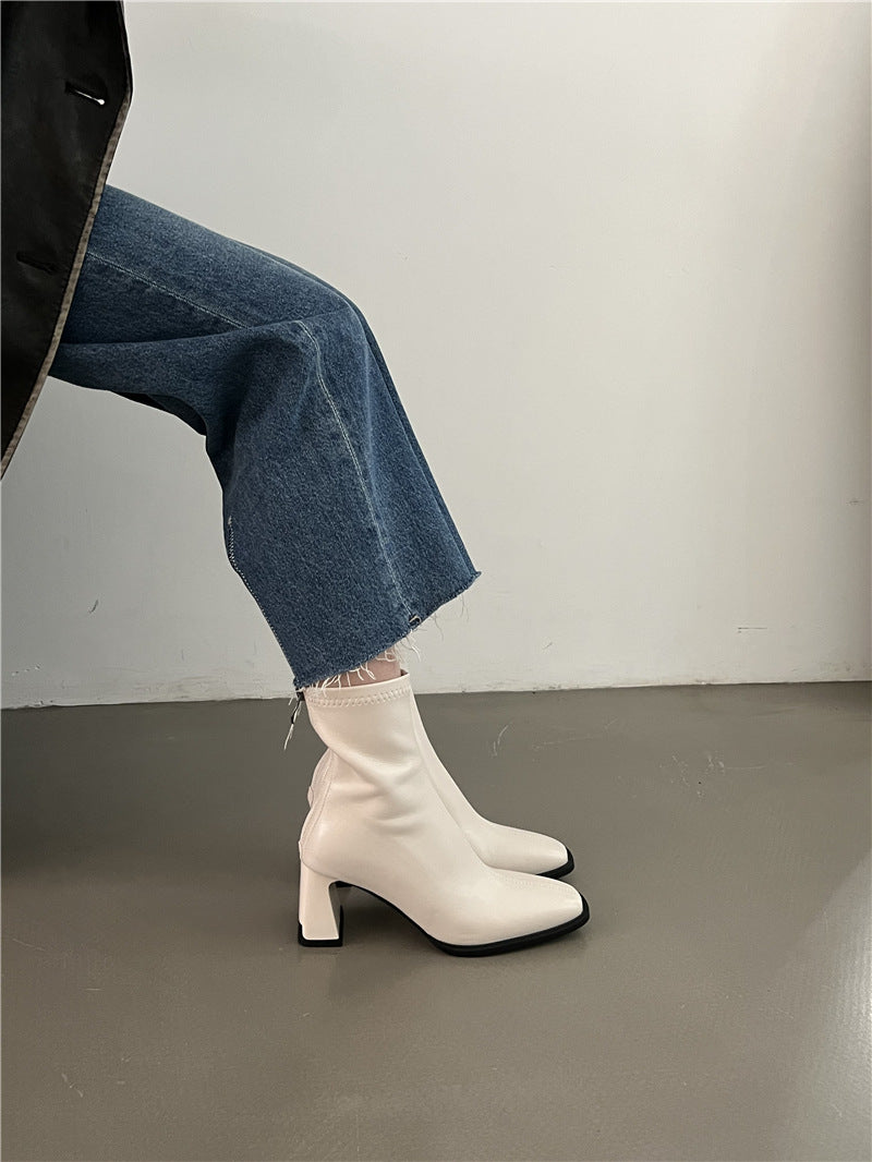 High Heel Slim Boots for Women Little Fairy2024New Year's Thick Heel Chimney Boots Internet Celebrity Fashion Chelsea Short Boots