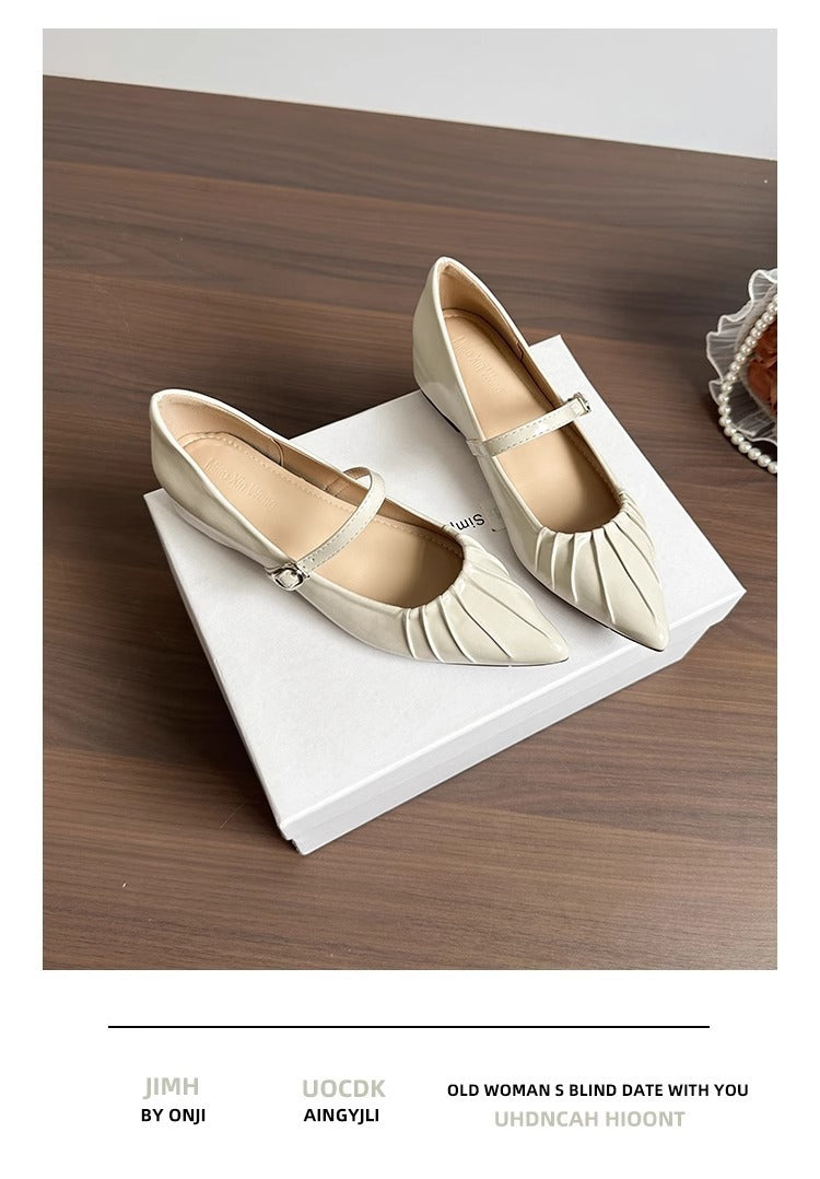 Height Increasing Insole Women's Shoes2024Summer New Retro One-Strap Mary Jane Pleated Pointed Toe Shoes