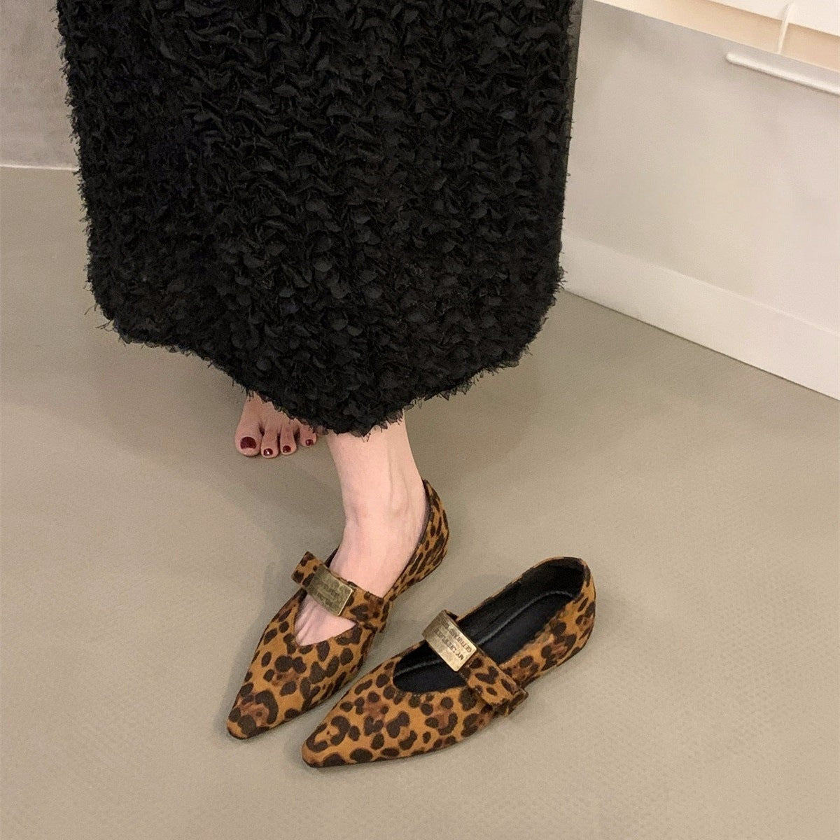 Red Pointed Toe Mary Jane Shoes with Hidden Wedge for Women2024New Spring and Autumn French Leopard Print Small Shoes