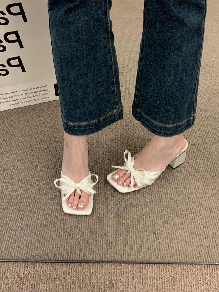 French-style High-end Satin Bow Thick Heel Sandals for Women2023New summer open-toe high heels