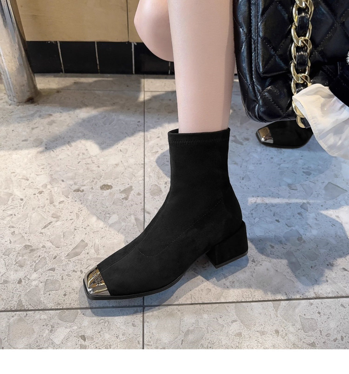 Women's Suede Ankle Boots2024Autumn New Fashionable Chunky Heel Metal Square Toe Mid-Heel Stretch Slim Sock Boots
