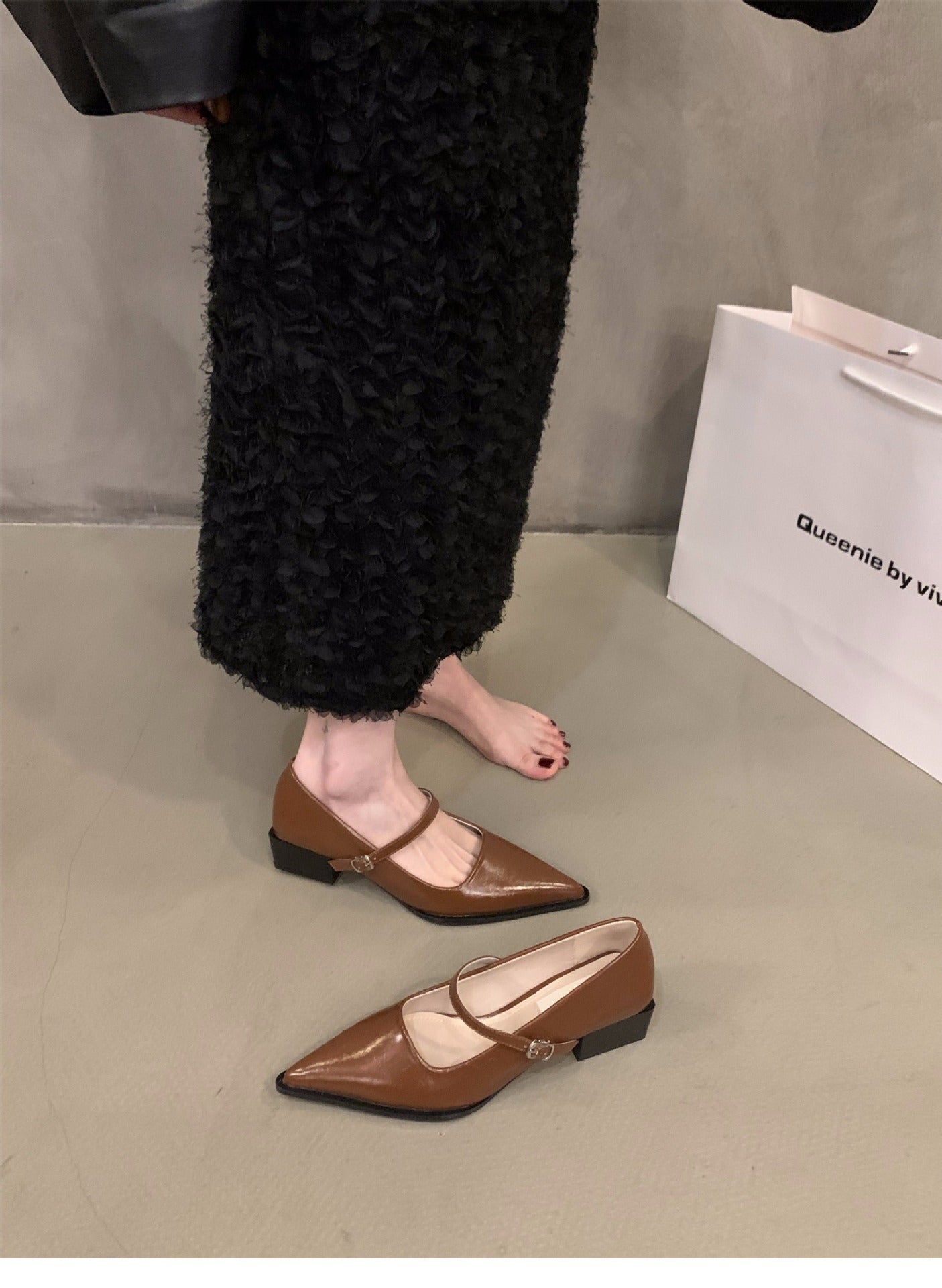 French style mid-high heel black pointed toe women's shoes2024New Spring Autumn Winter Mary Jane Evening Shoes