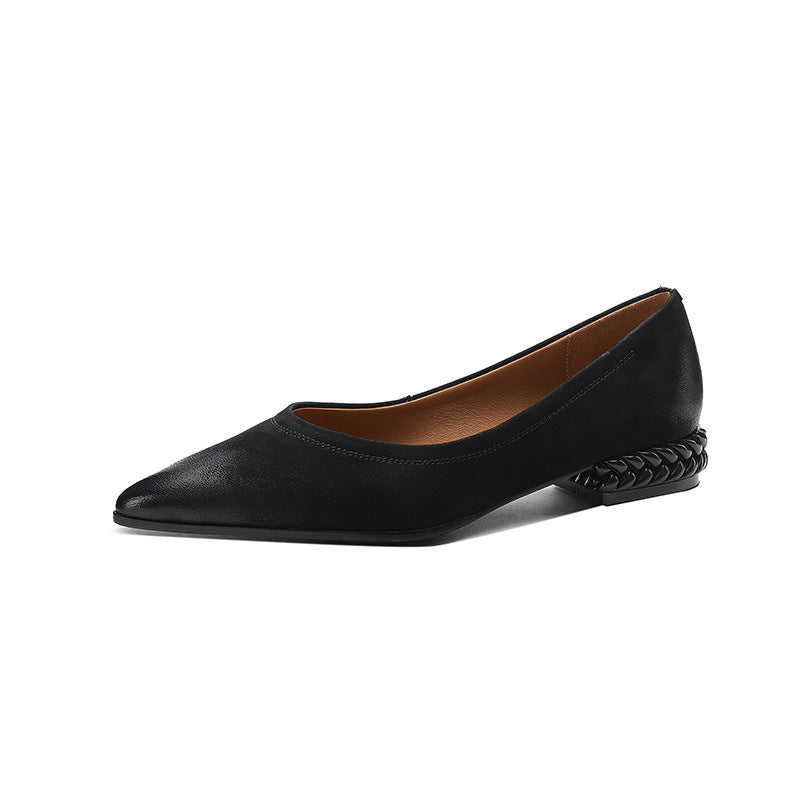 French Retro Color-Washed Pointed Toe Shallow Mouth Women's Shoes2023Spring new style comfortable soft leather thick heel low heel shoes