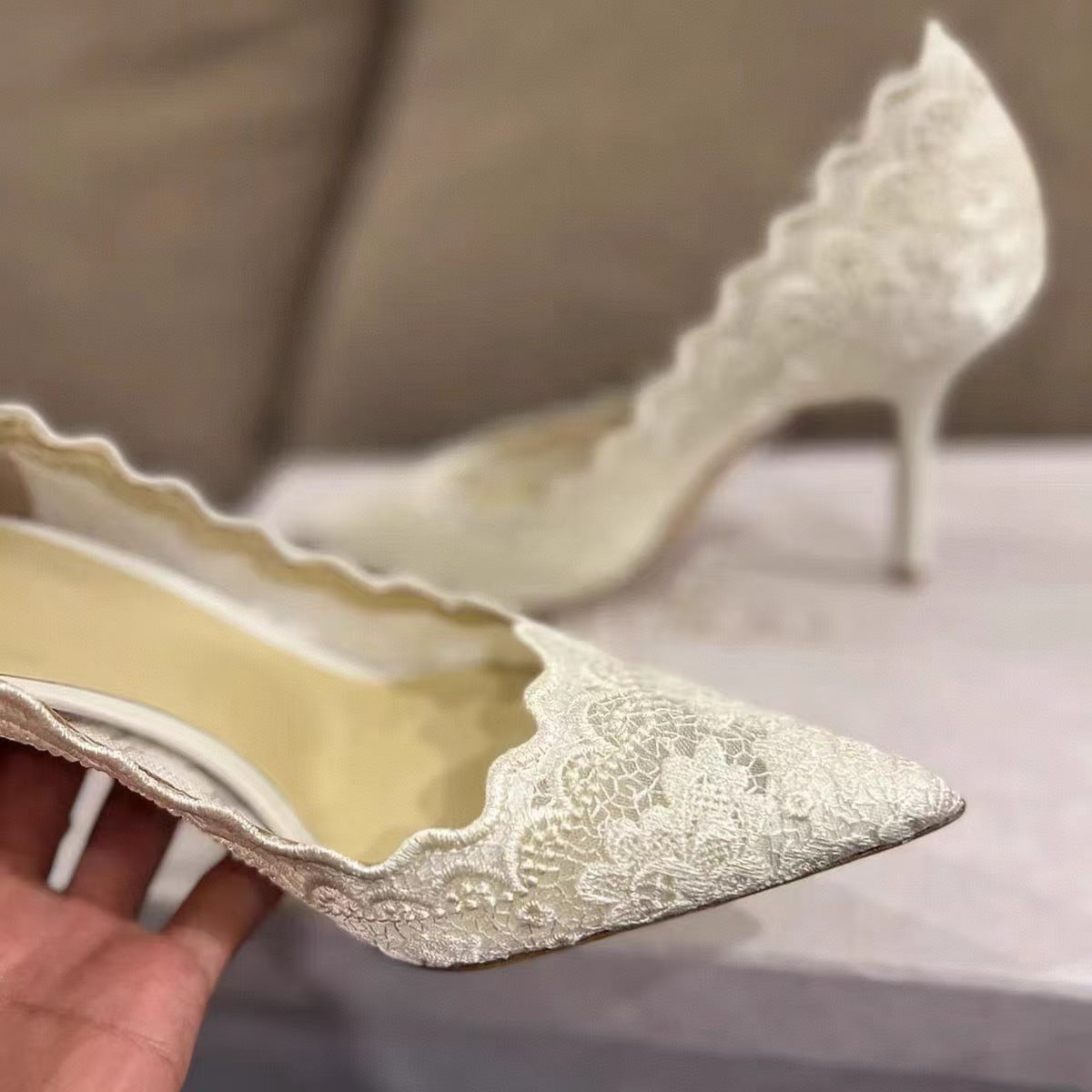 2025Spring and Autumn Lace White Single Shoes Wedding Bride Shoes Women Pointed Toe Thin Heel Hollow Embroidery Mesh High Heels