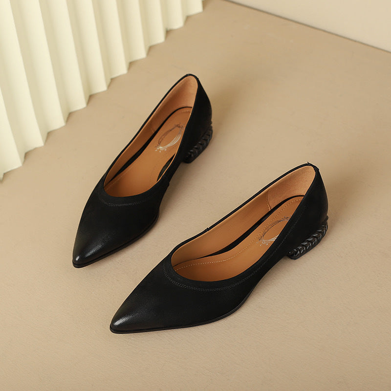 French Retro Color-Washed Pointed Toe Shallow Mouth Women's Shoes2023Spring new style comfortable soft leather thick heel low heel shoes