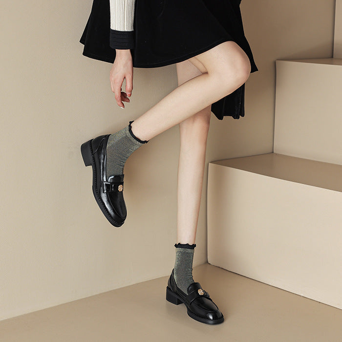 Left Bank Paris~!Chunky Heel British Style Gold Buckle Loafers for Women, Patent Leather Black Single Shoes