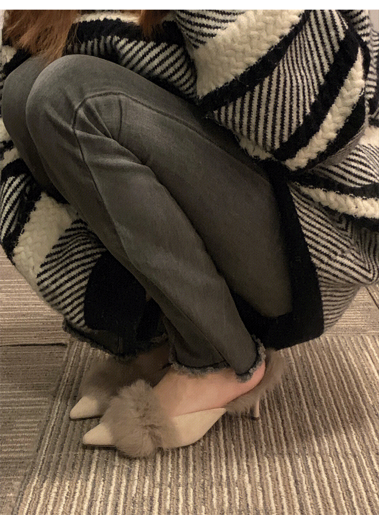 Autumn and Winter2024New Pointed Toe Furry Warm Thin Heel High Heel Mules Women Closed Toe Mules Slippers