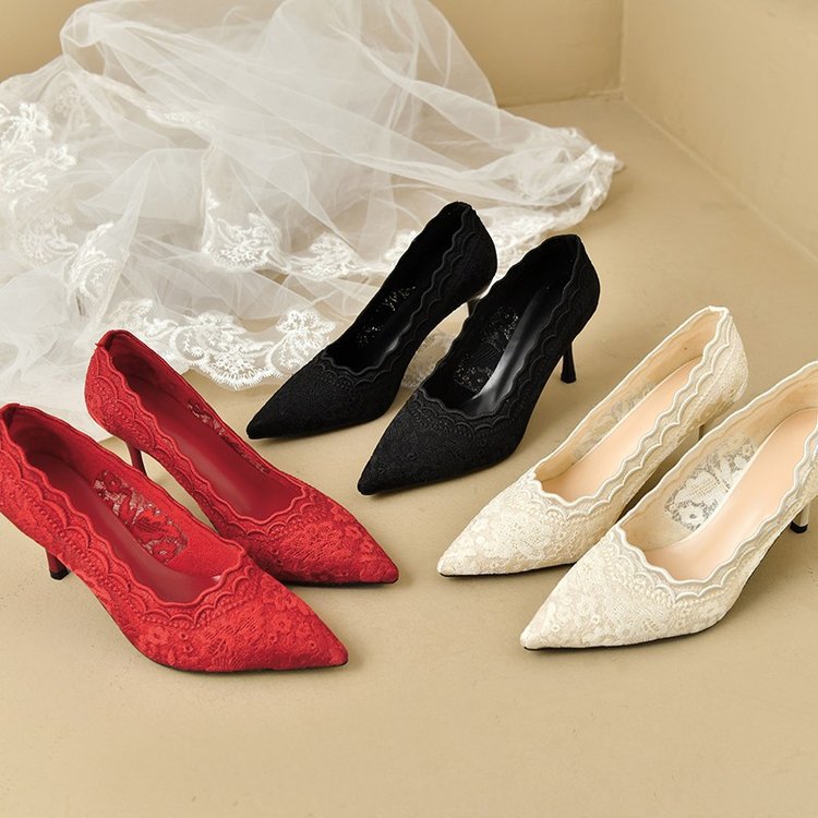 2025Spring and Autumn Lace White Single Shoes Wedding Bride Shoes Women Pointed Toe Thin Heel Hollow Embroidery Mesh High Heels