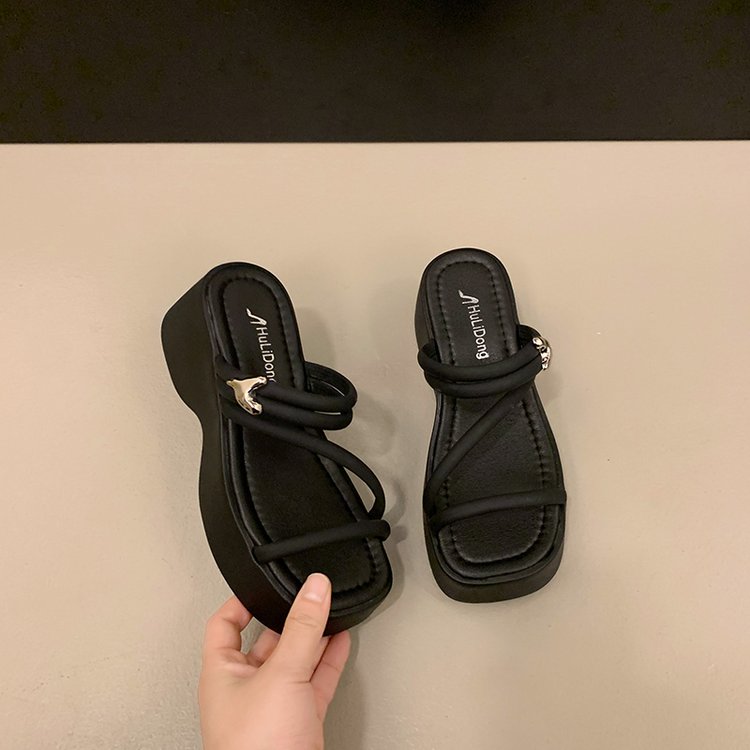 Solid Color Platform Sole Slippers PU Rubber mid-heel(3-5cm)