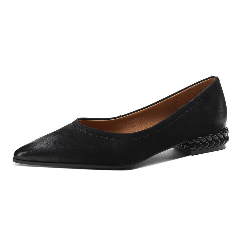 French Retro Color-Washed Pointed Toe Shallow Mouth Women's Shoes2023Spring new style comfortable soft leather thick heel low heel shoes