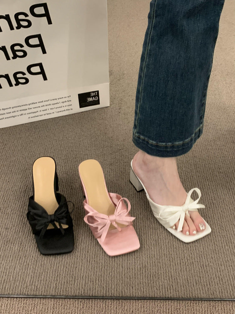 French-style High-end Satin Bow Thick Heel Sandals for Women2023New summer open-toe high heels