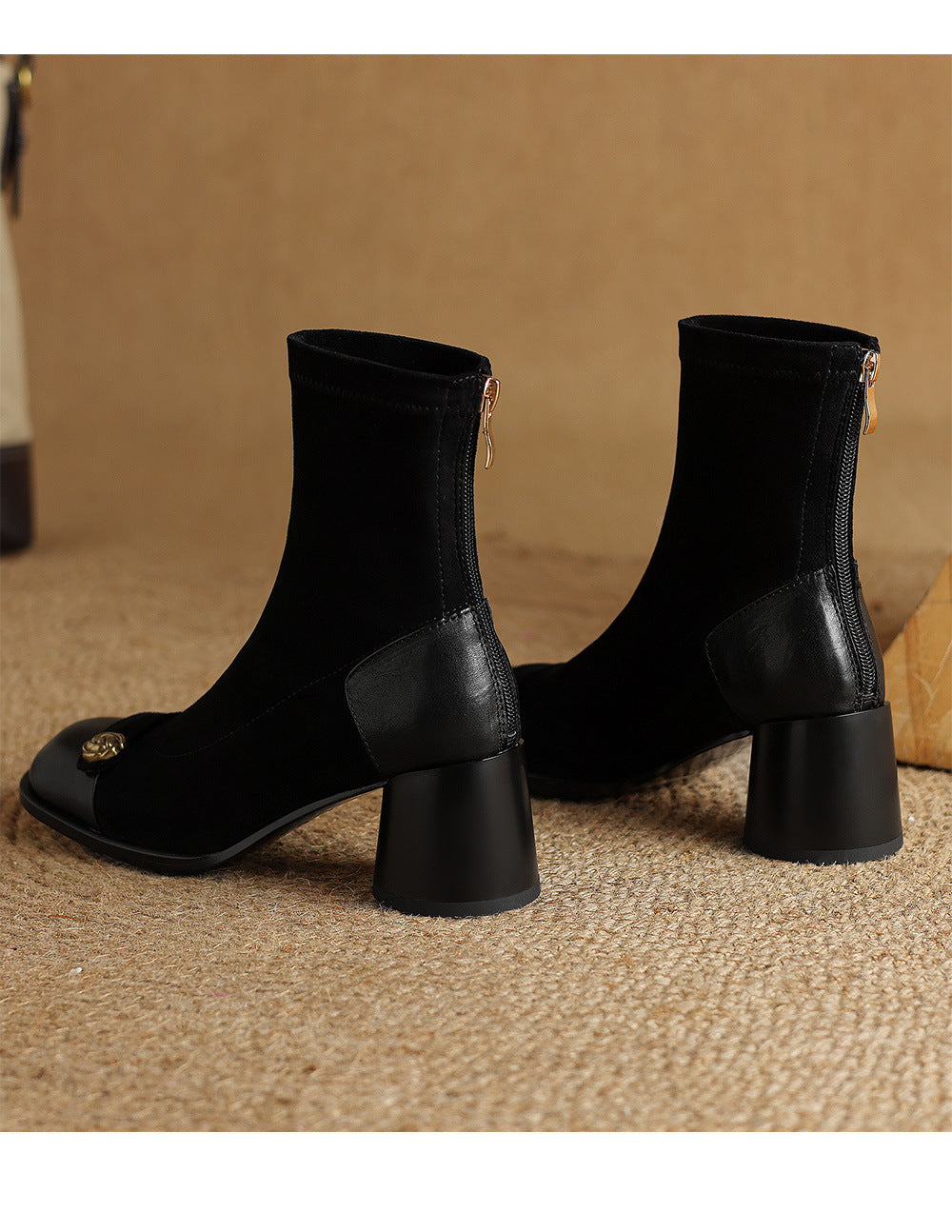 Patchwork Suede Camellia High Heel Chunky Heel Short Boots for Women Stretch Slim Boots Plus Size
