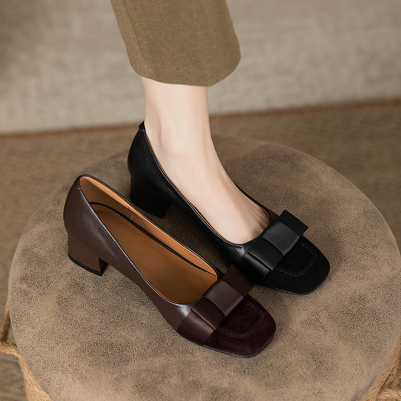 French style color-blocking high heels for women2024Spring and Autumn New Style Chunky Heel Bow Retro Mid-Heel Single Shoes