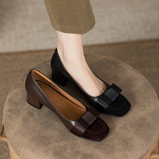 French style color-blocking high heels for women2024Spring and Autumn New Style Chunky Heel Bow Retro Mid-Heel Single Shoes