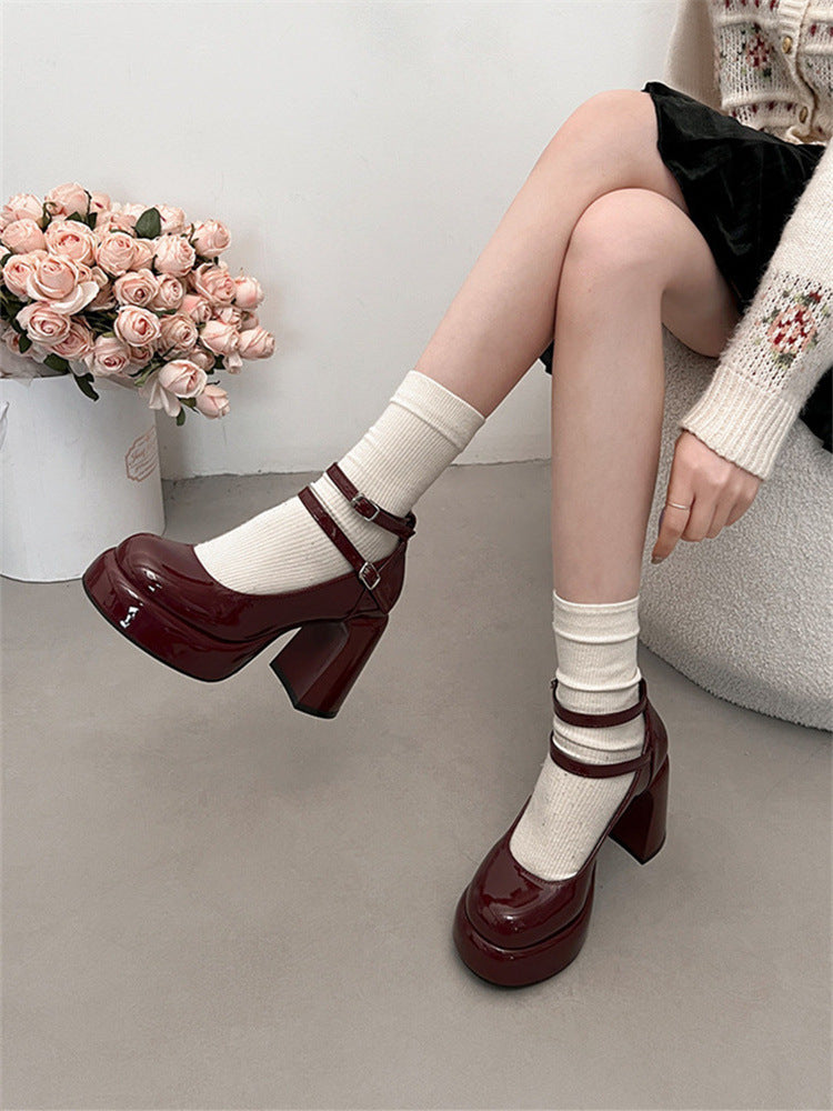 French style red high heels for women2024New Year's New Matching Skirt Temperament Thick Heel Mary Jane Shoes