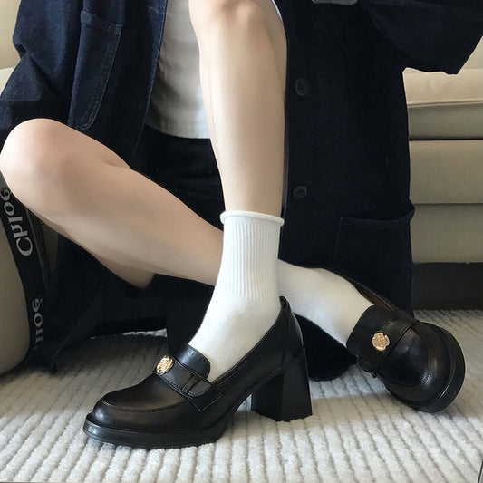 Camellia Loafers for Women2024New French Style Chunky Heel Black High Heel British Style Small Leather Shoes