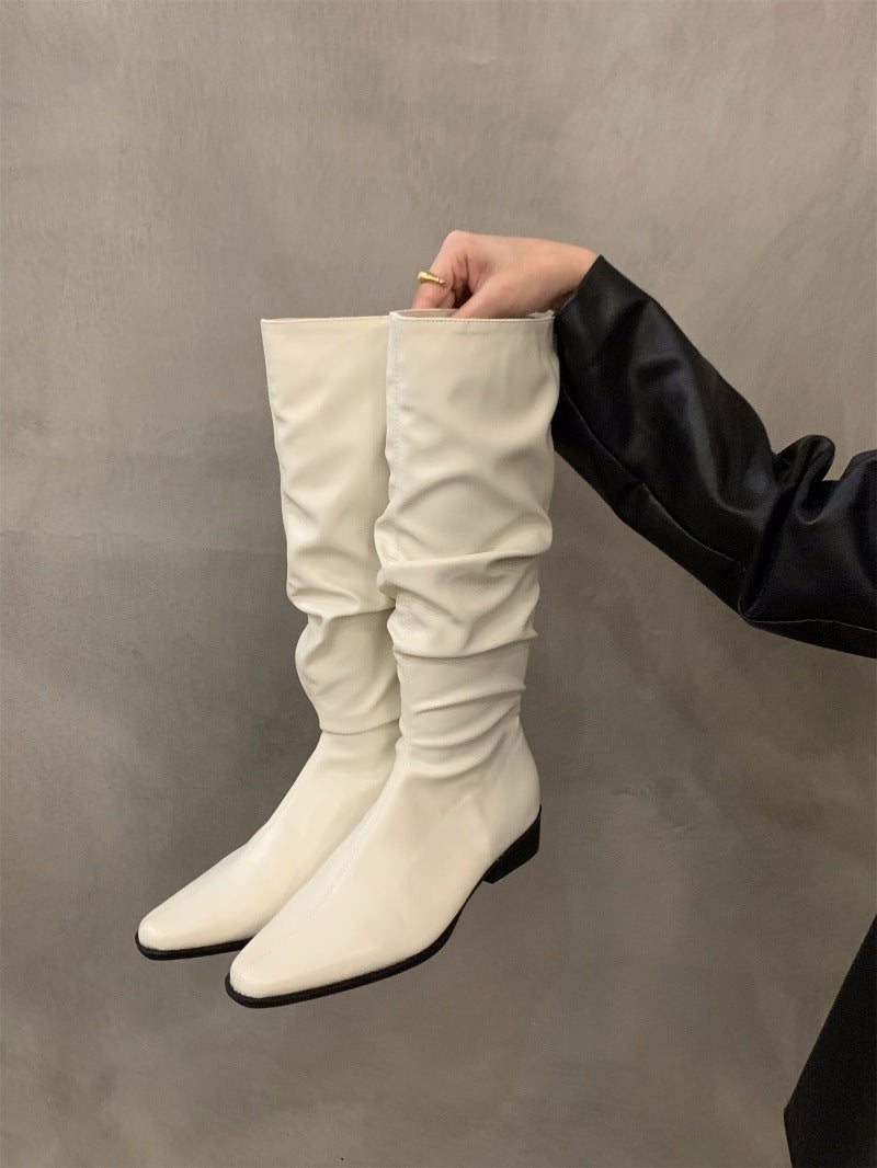 Chunky Heel Ruched Slouchy Long Tube Riding Boots for Women2024New Spring and Autumn Western Slim Mid-Calf Long Boots