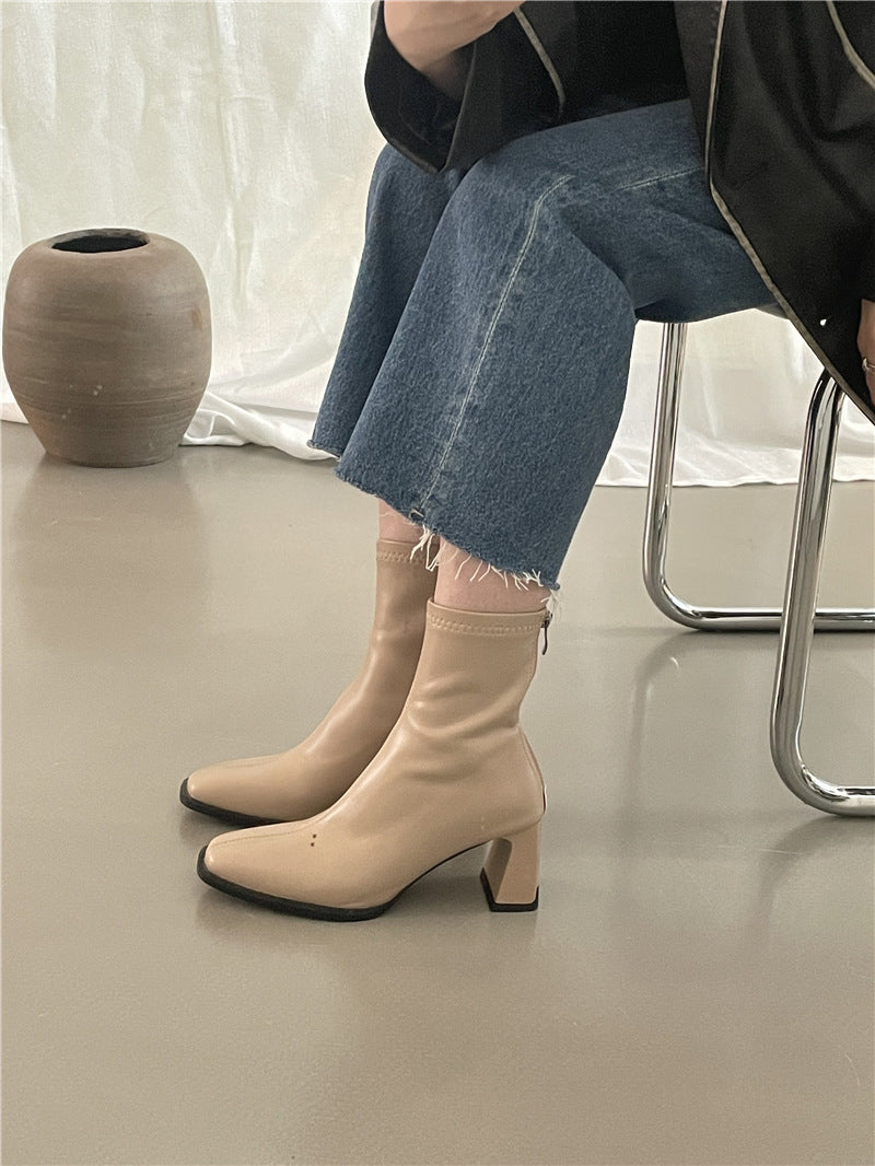 High Heel Slim Boots for Women Little Fairy2024New Year's Thick Heel Chimney Boots Internet Celebrity Fashion Chelsea Short Boots