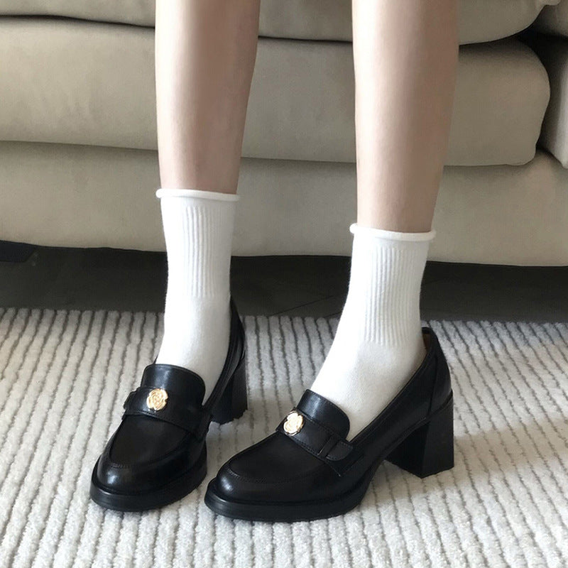 Camellia Loafers for Women2024New French Style Chunky Heel Black High Heel British Style Small Leather Shoes