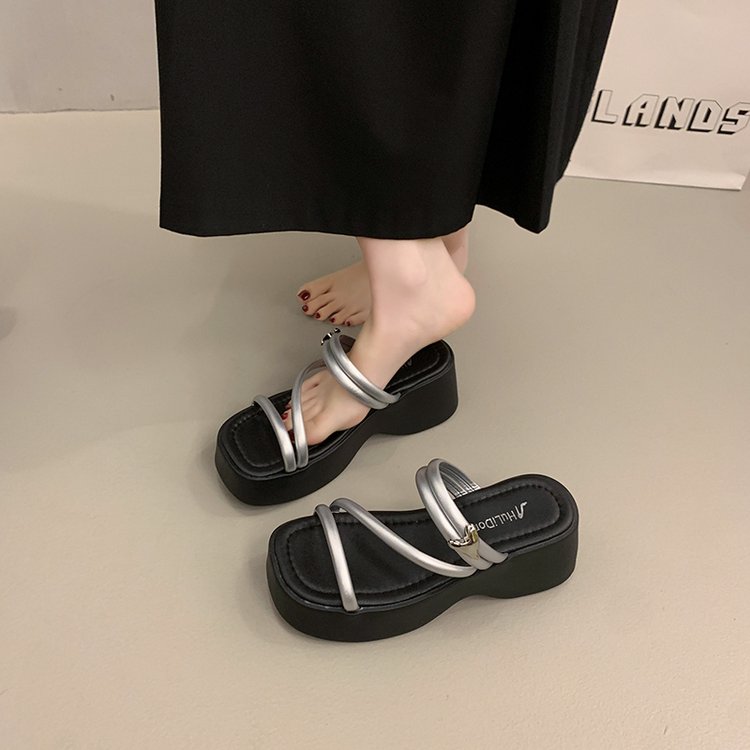 Solid Color Platform Sole Slippers PU Rubber mid-heel(3-5cm)