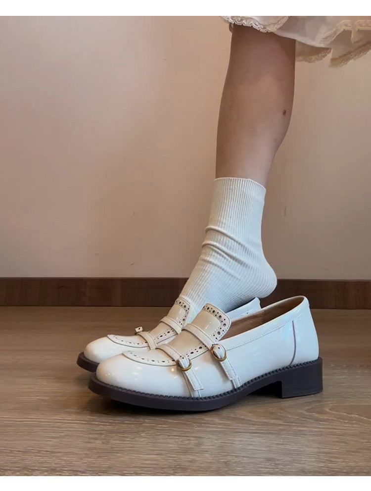 French Style Gentle White Loafers for Women with Belt Buckle Carved Slip-On Low Heel Shoes