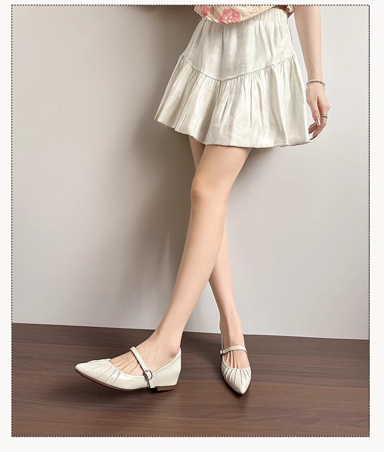 Height Increasing Insole Women's Shoes2024Summer New Retro One-Strap Mary Jane Pleated Pointed Toe Shoes