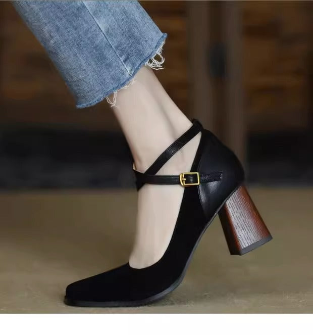 Women's retro square toe high heels2023Autumn and Winter New Suede Leather Patchwork Chunky Heel Cross Buckle Mary Jane Shoes