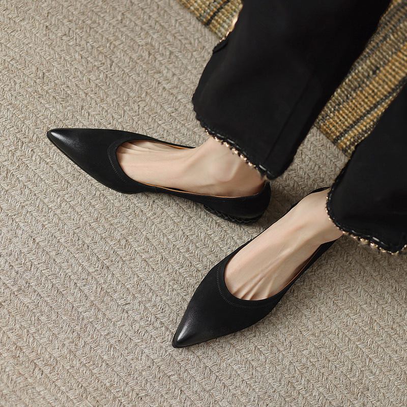 French Retro Color-Washed Pointed Toe Shallow Mouth Women's Shoes2023Spring new style comfortable soft leather thick heel low heel shoes