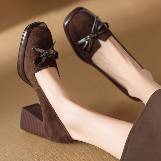 2024Spring New Style Bowknot Matte Chunky Heel Pumps for Women Shallow Mouth Waterproof Platform Chunky Heel Pumps